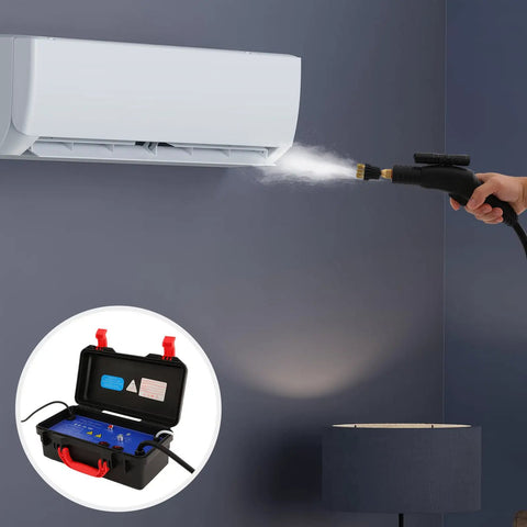 Badass 1700W High Temp Portable Handheld Steam Cleaner 110V Nuclear Pressure Steam Machine cleaning an air conditioner.