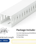 66 Inch Open Slot Cable Management Raceway Kit with white PVC raceways, screws, and foam strips for under desk setup and network cords.