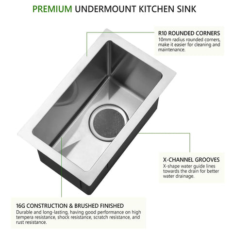 Undermount Small Bar Sink Workhorse in 16 Gauge Stainless Steel, 9x15 Inch Kitchen Bar Sink for RVs With Deep Basin, top view