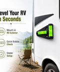 Pro Magnetic RV T Level Bubble Levels 10 Pack mounted on RV exterior for quick leveling check beside a lake.