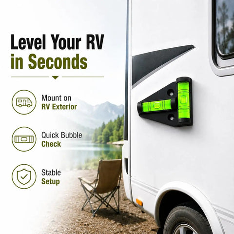 Pro Magnetic RV T Level Bubble Levels 10 Pack mounted on RV exterior for quick leveling check beside a lake.