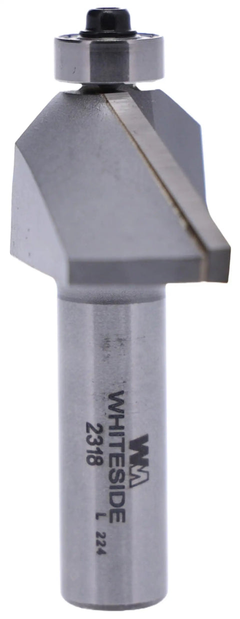 60 Degree Chamfer Router Bit With Carbide Tip Half Inch Shank Two And A Half Inch Diameter One And One Eighth Inch Cutting Length Nine Sixteenths Inch Cutting Height Ideal For Delicate Edge Bevels On Half Inch Collets
