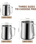 Three stainless steel espresso milk frothing pitchers in sizes 350ml, 600ml, and 900ml with handles and spouts for latte art.