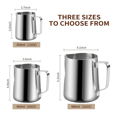 Three stainless steel espresso milk frothing pitchers in sizes 350ml, 600ml, and 900ml with handles and spouts for latte art.