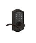 Keyless Entry Lock with Accent Lever in Aged Bronze, electronic door lock with auto lock, pre-programmed codes, cylinder-free design.