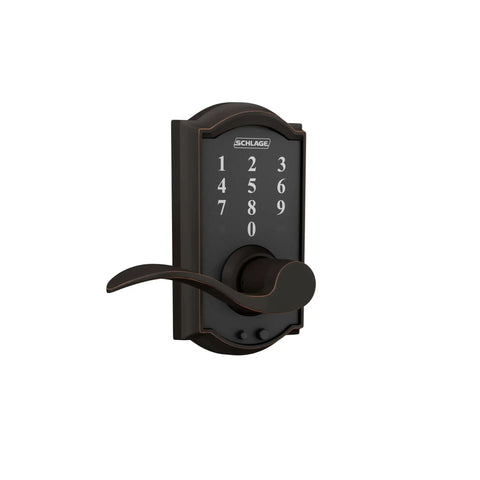 Keyless Entry Lock with Accent Lever in Aged Bronze, electronic door lock with auto lock, pre-programmed codes, cylinder-free design.