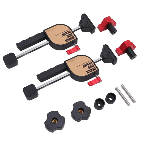 Adjustable Screw Clamp Kit for Workbench, 2 Piece Aluminum Alloy Bench Dog Clamp with Rubber Pad, showing components and 19mm holes