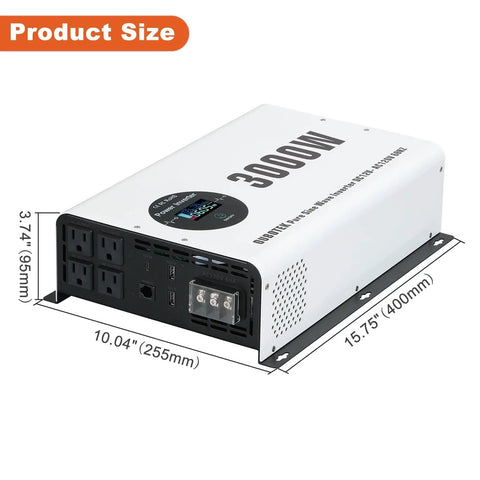 Beefy 3000W Pure Sine Wave Inverter 12V DC To 120V AC Car Converter With LCD Display, dimensions 15.75x10.04x3.74 inches.