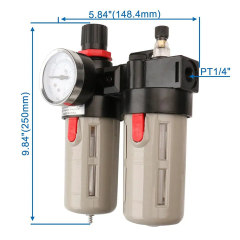 All In One Air Source Treatment Unit With Filter Regulator Lubricator Combo 1 Quarter Inch PT, Heavy Duty Air Line Regulator BFC2000