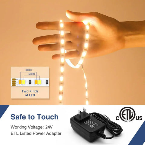 26Ft Dimmable 24V LED Strip Lights With Remote Tunable White 3000K-6500K shown glowing in a hand with power adapter