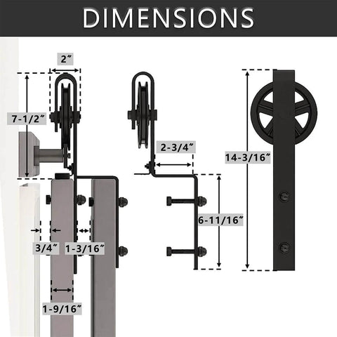 Dimensions of Hard Wearing Sliding Barn Door Track Hardware Kit For Tight Spaces Black Powder Coated 6mm Carbon Steel With Ultra Quiet Rollers And Bypass Option for single or double wooden doors in low ceiling areas.