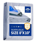 Folded 8x10 Foot 5.5 Mil Waterproof Poly Tarp with Metal Grommets and Reinforced Edges in Silver and Blue