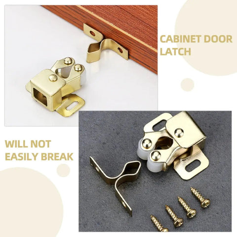 Gold finish 6 pack metal double roller cabinet door latches with ball spring catches, visible mounting hardware.