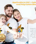 Family wearing T-shirts with vibrant prints from Laser Printer Heat Transfer Paper For Light Fabrics, 20 Sheets 8.5x11, Ready To Use.