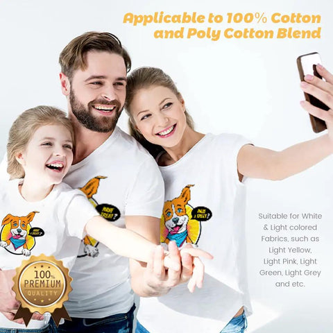 Family wearing T-shirts with vibrant prints from Laser Printer Heat Transfer Paper For Light Fabrics, 20 Sheets 8.5x11, Ready To Use.
