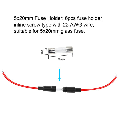 Top Shelf 5X20MM Inline Fuse Holder Screw Type With 22 AWG Wire For Fast Blow Glass Fuses 6 Pack, showing red wire and fuse holder design.