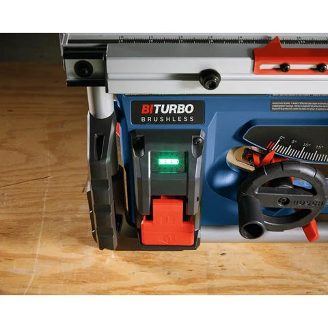 Heavy Hitter 18v Portable Table Saw 8 1/4 Inch Blade Bare Tool control panel showing brushless motor indicator light.