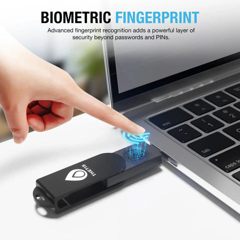 Kickass Fido2 Biometric Fingerprint Security Key With Usb Type C Passwordless Authenticator Device featuring hand using fingerprint scanner on laptop.