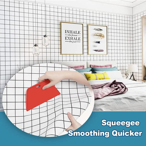 Pro Grade Wallpaper Smoothing Tool Kit For Peel And Stick DIY Projects, hand using squeegee on grid wallpaper in bedroom