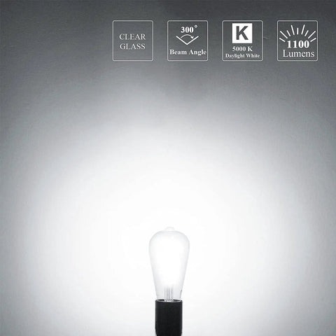 100 Watt Equivalent LED Bulb Dimmable E26 Base Cool White 5000K 1100 Lumens 9W Vintage ST21 ST64 Clear Glass Decorative Light Bulb UL Listed 6 Pack Super Bright Energy Saving For Home And Office, showing clear glass and 5000K daylight white, with 1100 lumens and 300° beam angle.