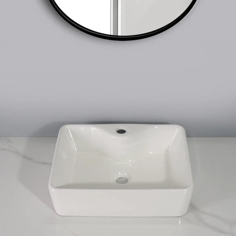 USZWBY Vessel Sinks Balcony Bathroom Ceramic Tabletop Washbasin Kitchen Sink Square design on countertop with round mirror.