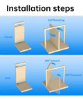 Installation steps for Heavy Duty Pivot Hinge For Wood Door With 360 Degree Rotation, showing center and side views with rotation angles.