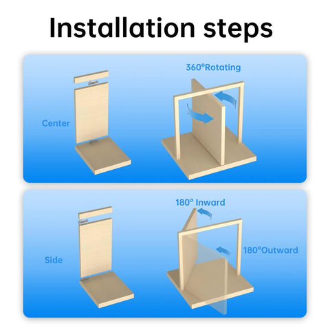 Installation steps for Heavy Duty Pivot Hinge For Wood Door With 360 Degree Rotation, showing center and side views with rotation angles.