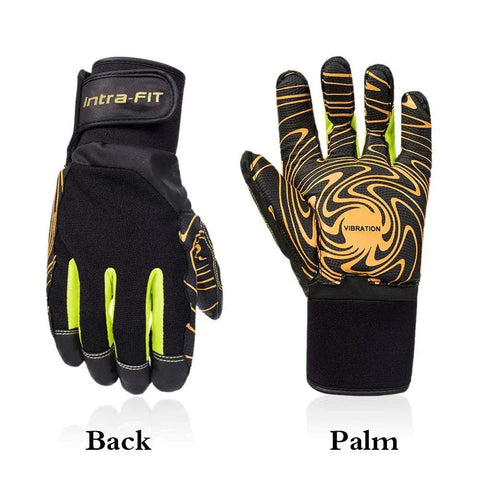 Professional Anti Vibration Glove With Full Palm To Fingertip Pad Reinforcement For Jack Hammer And Tool Handling Grip Ready EN ISO 10819 2013 A1 2019 And EN388 Certified Heavy Duty Work Gear For Reducing Shock And Vibration, front and back view of glove showing pad reinforcement.