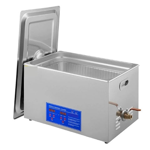 Top Shelf 30 Liter Heavy Duty Ultrasonic Cleaner With Stainless Steel Tank And Smart Heat Cycle, Digital Timer with lid open.