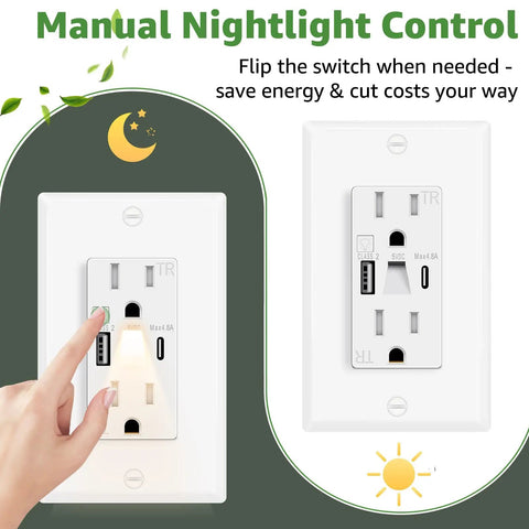 Fresh Vibe Night Light Wall Outlet Cover With Dual Usb Type A And C Fast Charging Ports Easy Toggle Switch Plate, hand toggling switch.
