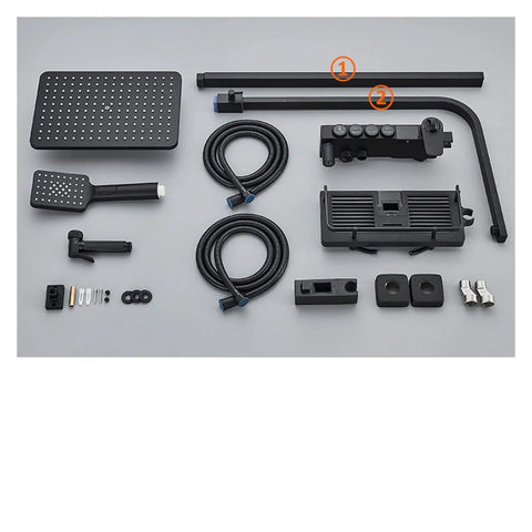 RIBEUJIZS Digital Shower System, Black Themostatic Digital Display components including shower head, hoses, and faucet parts