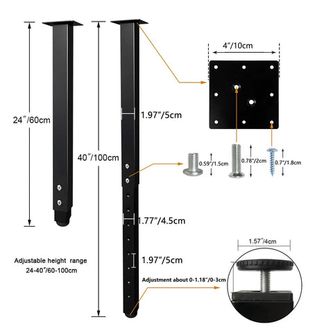 Adjustable Square Table Legs For DIY Desks And Home Office Tables 24 To 40 Inch Height 60 To 100 Cm Black Set Of 4 With Easy Mounting Plate