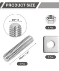 3/8-16 UNC Fully Threaded Rod Set, 5 Pieces Of 304 Stainless Steel, 1.6 Inch Long, Right Hand Threads With Square Washers Included