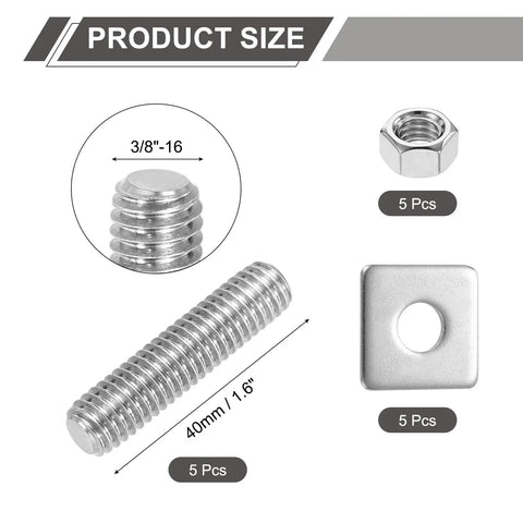 3/8-16 UNC Fully Threaded Rod Set, 5 Pieces Of 304 Stainless Steel, 1.6 Inch Long, Right Hand Threads With Square Washers Included