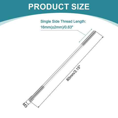 Double-ended stainless steel M3 stud bolt, 80mm overall length with threaded ends