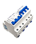 Built Tough Three Pole AC Circuit Breaker MCB 20 Amp Miniature Switch in compact design with blue toggle switch for power safety.