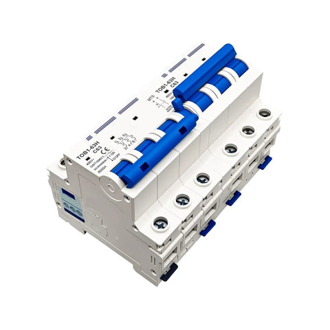 Built Tough Three Pole AC Circuit Breaker MCB 20 Amp Miniature Switch in compact design with blue toggle switch for power safety.