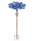 Glass Bird Bath With Metal Stake Garden Decor For Outdoor Vibe, Waterproof And Weather Resistant, Colorful Glass Flower Bowl