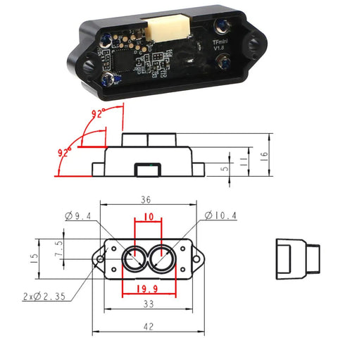 Technical diagram and front view of Tiny But Mighty TFmini S Micro LiDAR Module for Obstacle Avoidance, 0.1-12M Range, Single Point Ranging Sensor.