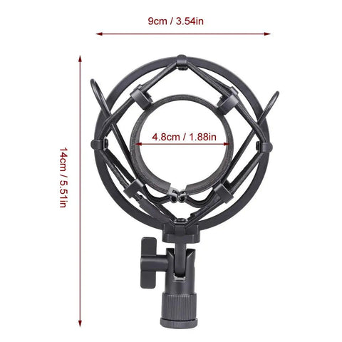 Universal 50mm Microphone Shock Mount And Clip Holder For 48 To 54mm Condenser Mics, black metal frame, front view with measurements