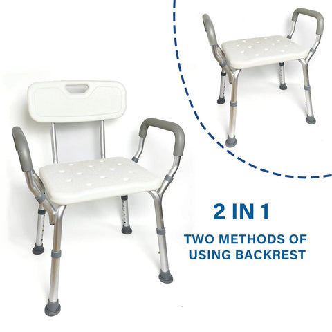 Heavy Duty Adjustable Shower Chair With Padded Armrests And Backrest For Inside Shower Bath Stool Safe Bariatric Shower Seat shown with two backrest options