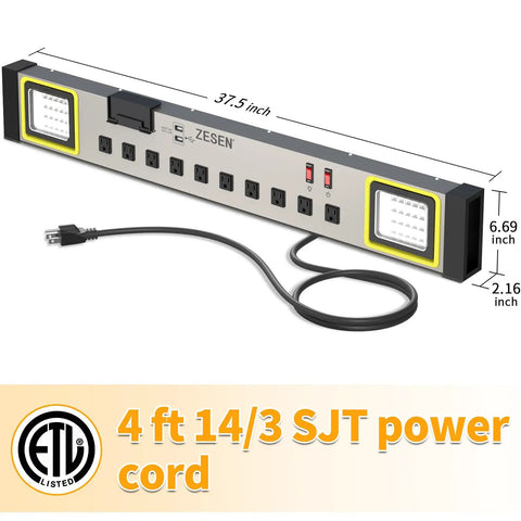 10 Outlet Power Strip With LED Work Light And 4 Foot Cord, Heavy Duty Metal Wall Mount, image showing outlet layout and dimensions