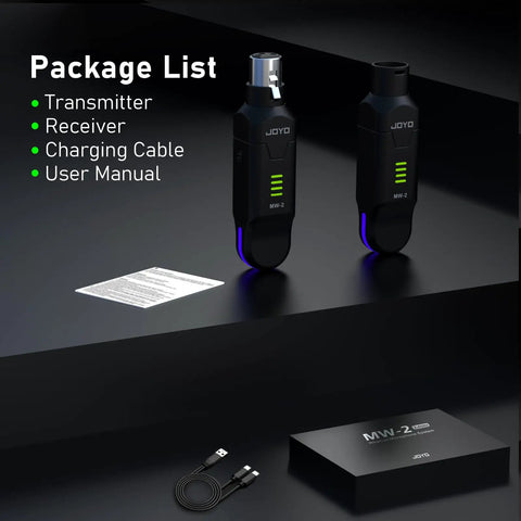 Wireless XLR Mic System For Dynamic Mics With Plug-On Transmitter And Receiver, 100ft Range, package contents on display