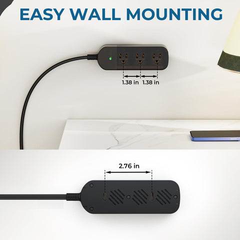 Weatherproof Outdoor Power Strip With IPX6 Waterproof Surge Protector Transparent Design All Weather Ready 3 Wide Outlets 1625W 13A 5Ft Extension Cord Wall Mountable For Indoor Outdoor Use UL FCC Listed shown mounted on wall with dimensions.