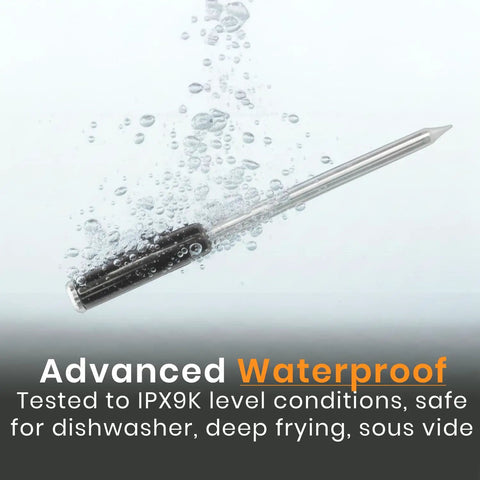 V Prime Wireless Meat Thermometer submerged in water, showcasing waterproof design for grilling, smoking, and more.