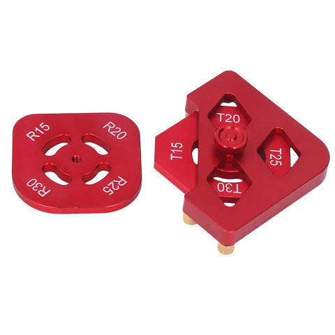 Zero Hassle Radius Guides No Sweat Routing Heavy Duty Aluminum Corner Jig Set with brass knobs for precise woodworking.