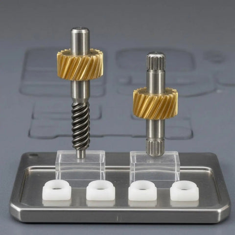 Upgrade Your Ride With This Ultimate Convertible Top Latch Motor Gear Repair Kit That Swaps Out Worn Plastic Helical Gears For Durable Steel Parts To Fix E46 And E64 Roof Issues Fast. Steel gears and white bushings on tray