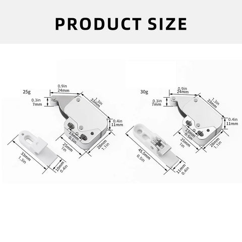 Push To Open Cabinet Latches Set For Cabinets And Drawers, size details of spring tension rebound locking device.