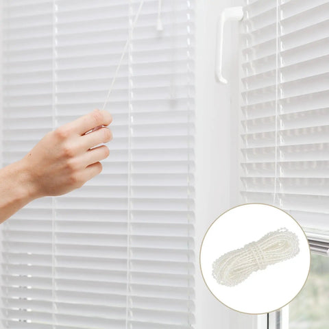 Heavy Duty Pom Beaded Chain Cord For Shade Repairs That Zips Through Totally Stress Free Over 11 Yard Run Fits Roller Roman And Vertical Blinds Like A Champ In Crisp Clear, shown with hand pulling cord.