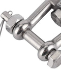 Close-up of Heavy Duty 304 Stainless Steel Anchor Swivel Shackle With Smooth Rotating Action For Boats And Ground Tackle Rope Connectors.